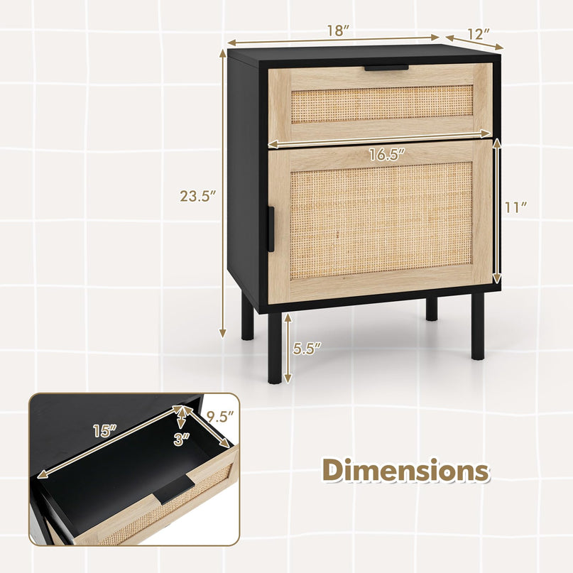 Giantex Table de Chevet en Rotin (Lot de 2), Table d'Appoint Mid-Century Moderne avec Tiroir et Armoire, Table d'Extrémité de Canapé avec Pieds en Métal Robustes