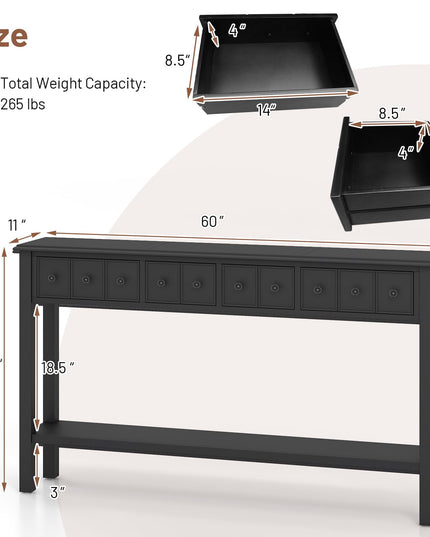Giantex Narrow Console Table with Storage - 60" Long Sofa Side Table w/ 4 Drawers & Open Shelf, Espresso