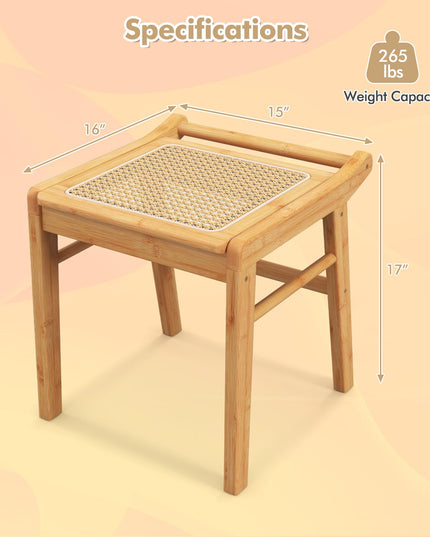CHARMAID Vanity Stool, Bamboo Ottoman Foot Rest with Rattan Seat, Anti-Slip Foot Pads