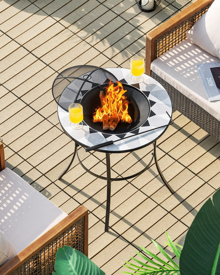 Giantex Fire Pit Table, Outdoor Fire Pit with Mesh Cover, Fire Poker, Tile Tabletop