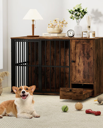Meuble cage pour chien Giantex 47,5" avec tiroir d'alimentation dissimulé et meuble de rangement latéral