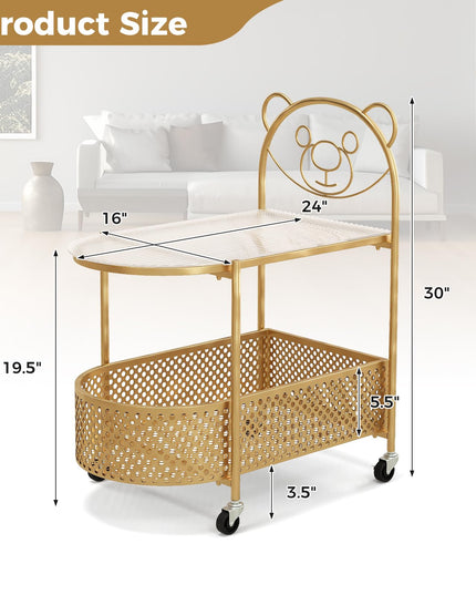 Giantex Mobile Glass Coffee Table, 2-Tier Modern Cocktail Table with Bear Pattern, Storage Basket & Metal Frame