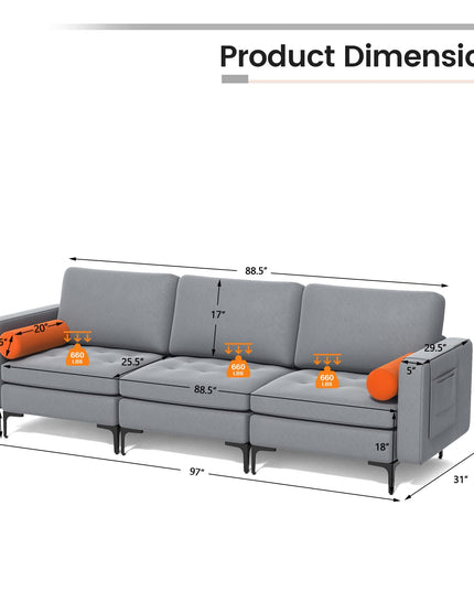 Giantex 97" Sectional Sofa Couch, 3-Seater Modular Sleeper with USB Ports