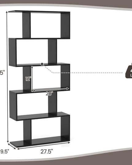 Giantex 5-Tier Geometric Bookshelf, 62.5" Tall Wood S-Shaped Bookcase with Anti-Tipping Device