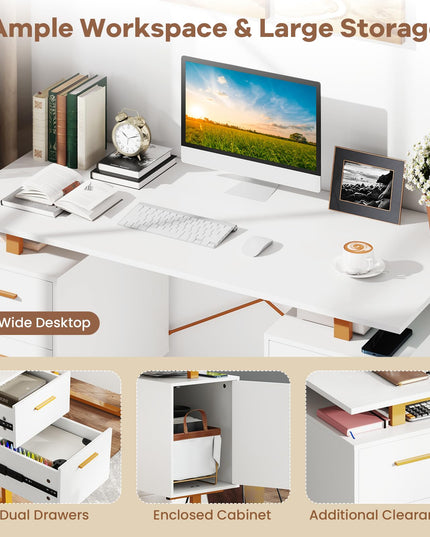 Giantex Computer Desk with Drawers & Cabinet, 51” Long Home Office Desk with Floating Desktop & Metal Frame