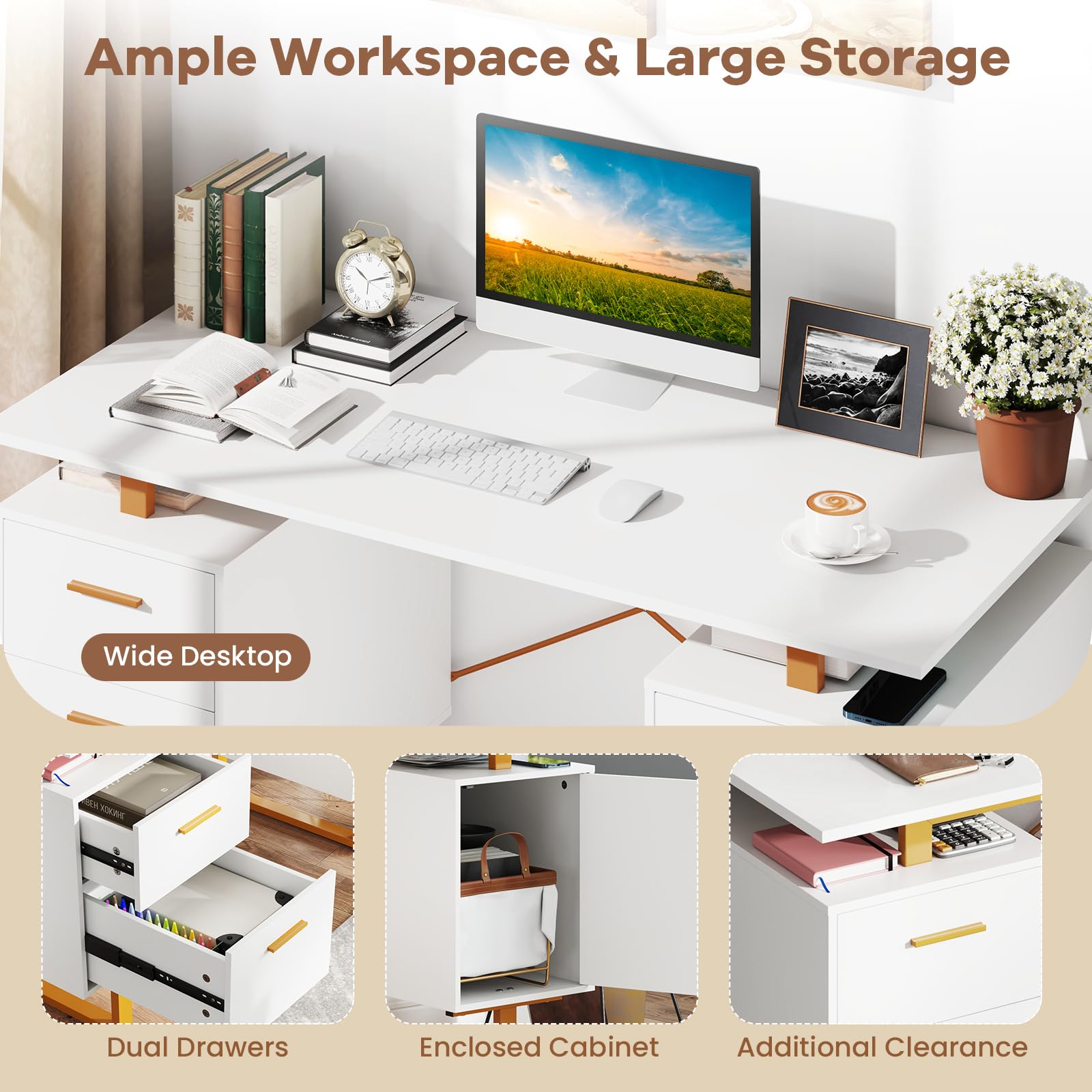 Giantex Computer Table Giantex Computer Desk with Drawers & Cabinet, 51” Long Home Office Des ...