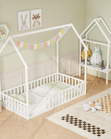 Giantex Twin House Floor Bed, Solid Wood Montessori Floor Bed with Detachable Storage Shelf & Clothes Hanger