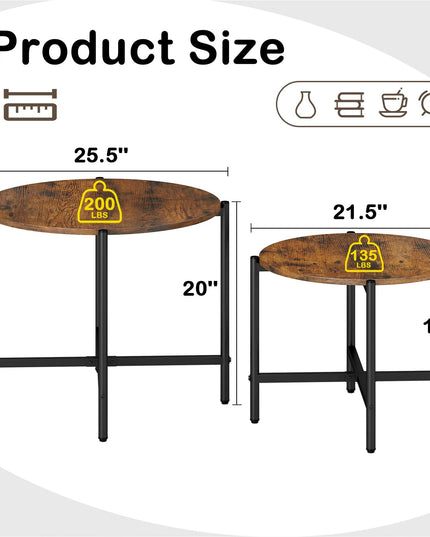Giantex Round Coffee Table Set of 2, Nesting Tables with Metal Frame, Imitated Wood Grain Top