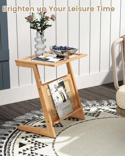 Giantex Rattan Side Table, Boho End Table with Glass Top & Magazine Rack, Z-Shaped Nightstand with Storage
