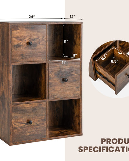 Giantex 6-Cube Bookcase with Drawers, 3-Tier Freestanding Wooden Bookshelf with Anti-toppling Device