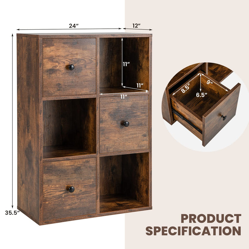 Giantex 6-Cube Bookcase with Drawers, 3-Tier Freestanding Wooden Bookshelf with Anti-toppling Device