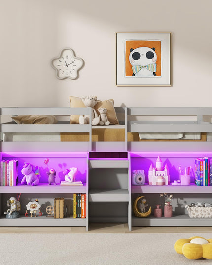 Giantex Low Loft Bed with LED Lights, Wooden Twin Loft Bed with Stairs & Safety Guardrail