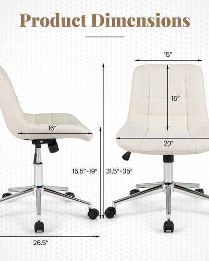 Giantex Armless Office Chair, Modern Faux Fur White Vanity Chair with Wheels & Adjustable Height