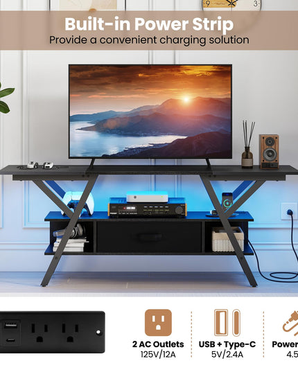 Giantex Black TV Stand with Power Outlets for 65" TVs 3-Tier Entertainment Center