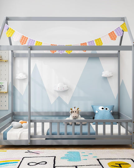 Giantex Twin Floor Bed with Fence, Wood Montessori Bed with Safety Guardrails and 80.5" High Roof Design