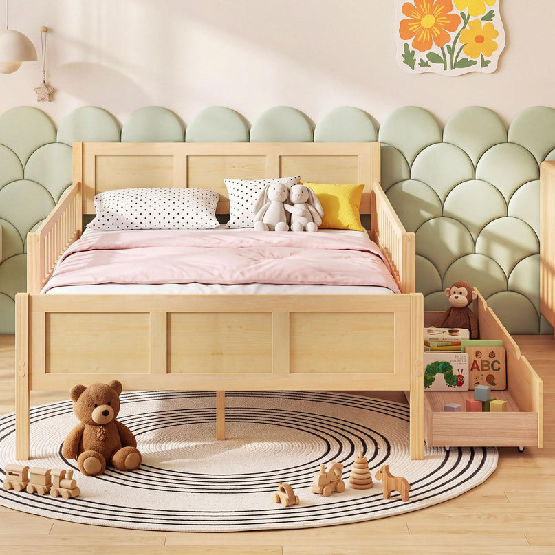 GIANTEX Full/Twin  Size Bed Frame with 2 Storage Drawer & Guardrails for Kids