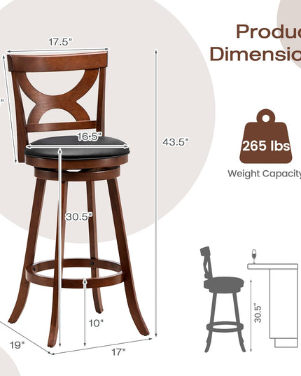 Giantex Bar Stools Set of 2, 30.5" Counter Height Bar Dining Chairs with Back & Footrest, Rubber Wood Frame