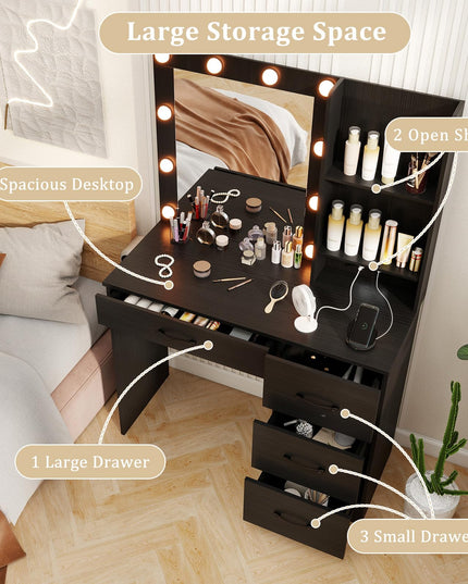 CHARMAID Vanity Desk with Mirror and Lights, Black Makeup Vanity Desk with 4 Large Drawers
