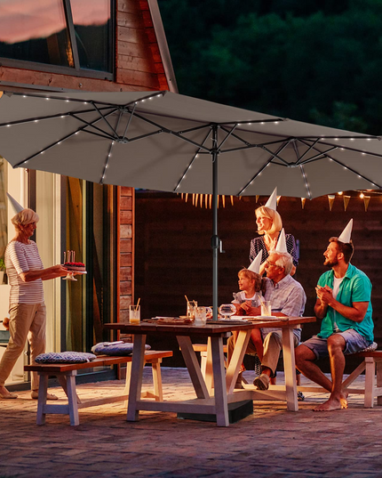 15ft Large Outdoor Umbrella Double-Sided, 48 Solar Lights, Auto-Charging Solar Panel
