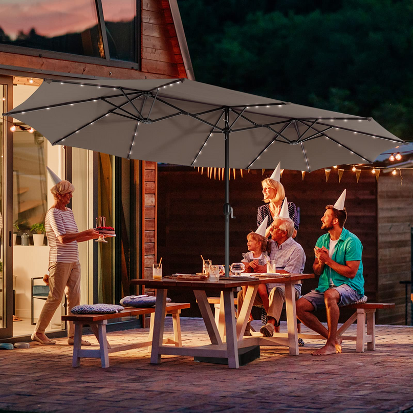 15ft Large Outdoor Umbrella Double-Sided, 48 Solar Lights, Auto-Charging Solar Panel
