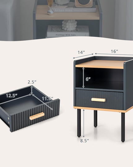 Giantex Modern Nightstand with Drawer - Bedside Table with Open Shelf, Gray