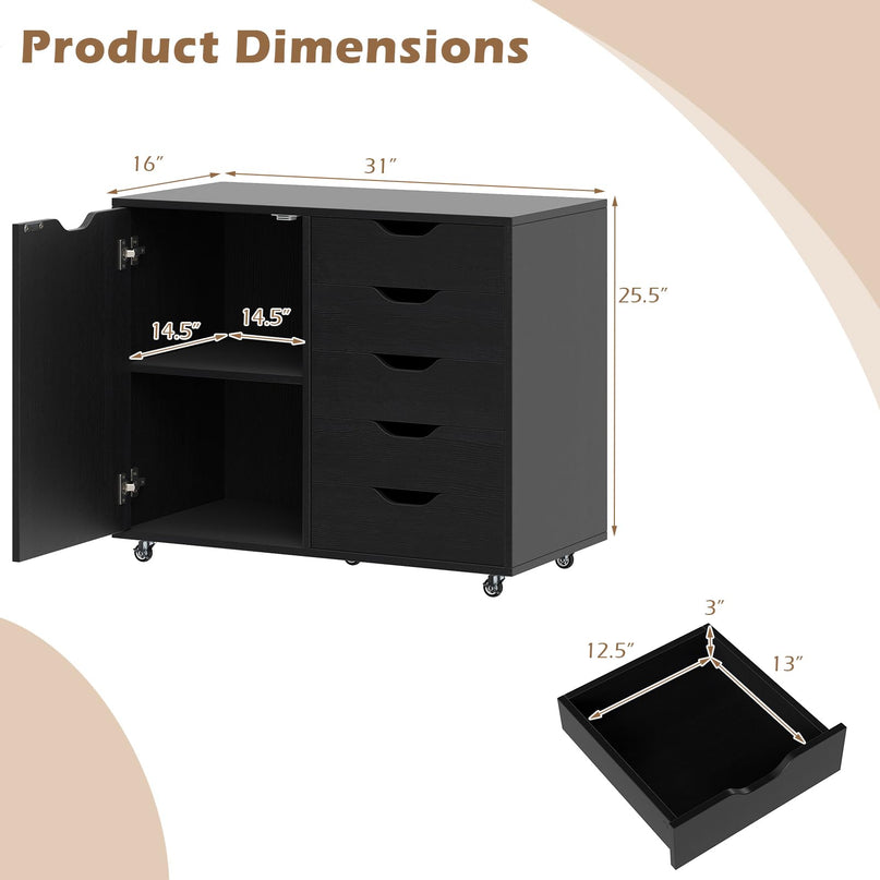 Giantex 5-Drawer File Cabinet with Door Mobile Printer Stand((31" W x 16" D x 25.5" H)