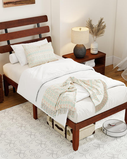 Giantex Mid-Century Modern Solid Wood Platform Bed with Wooden Slats Support & Retro Headboard