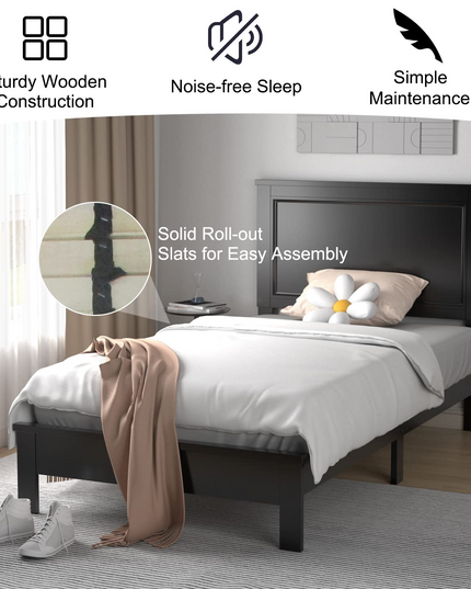Platform Bed w/ Rubber Wood Legs & Integrated Headboard | Wooden Bed Frame
