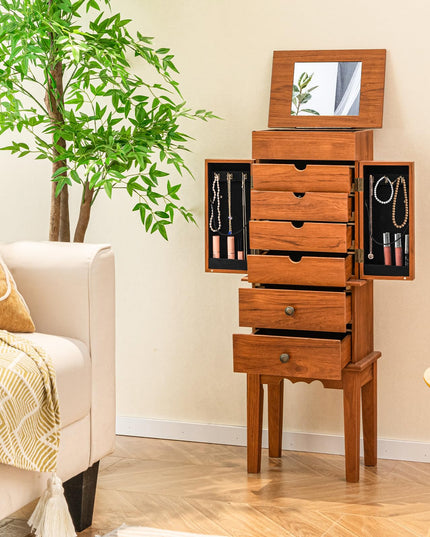 CHARMAID Jewelry Cabinet with 6 Drawers, Standing Jewelry Armoire with Flip Top Mirror, 2 Side Doors with 6 Necklace Hooks