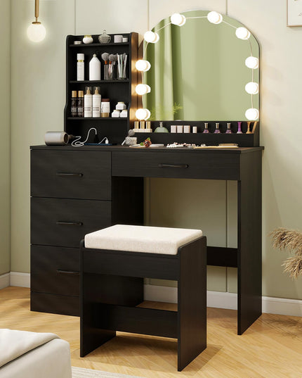 Vanity Desk with Lights - Makeup Vanity Table with Charging Station, 4 Drawers, 3 Storage Shelves