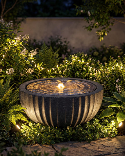 Fontaine d'extérieur ronde Giantex 45 cm avec 6 lumières LED pour la décoration de jardin, patio, porche