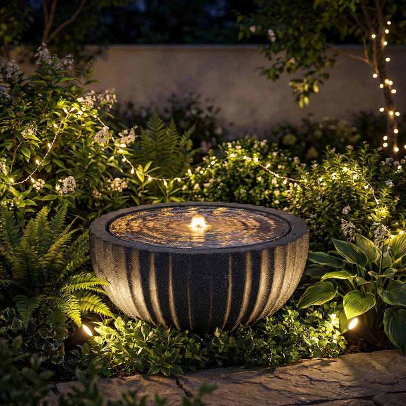 Giantex 18" Round Outdoor Water Fountain with 6 LED Lights for Garden Patio Porch Decor
