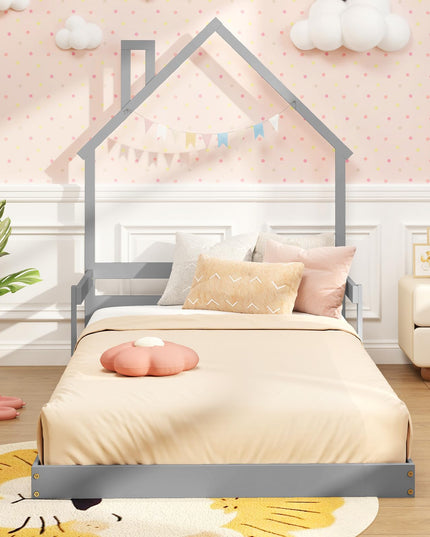 Giantex Twin Floor Bed for Kids, Wood Montessori Floor Bed with Chimney Headboard & Handrail