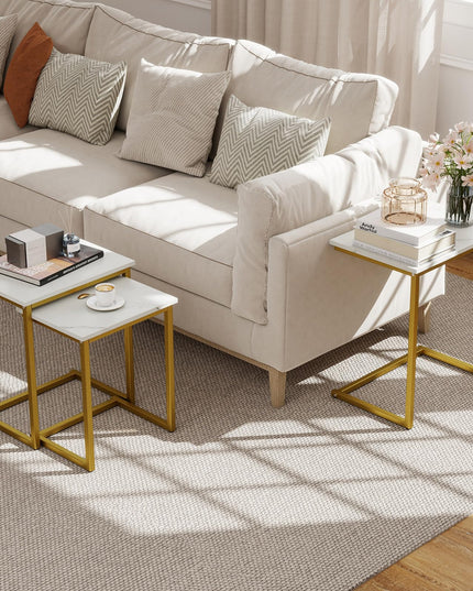 Giantex Nesting Coffee Table Set of 3 w/Faux Marble Tabletop & Heavy-Duty Metal Frame