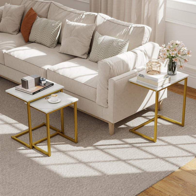 Giantex Nesting Coffee Table Set of 3 w/Faux Marble Tabletop & Heavy-Duty Metal Frame