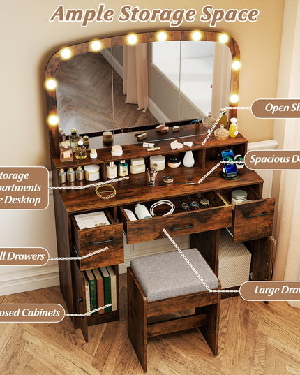 Large Vanity Desk with Arched Mirror and Lights for Bedroom