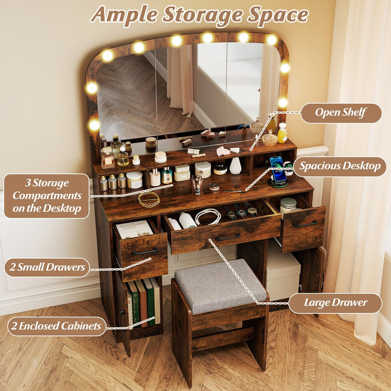 Large Vanity Desk with Arched Mirror and Lights for Bedroom