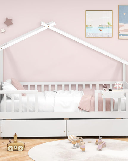 Giantex Twin House Bed with Drawers, Wooden Twin Bed Frame with Cube Storage & Fence Rails