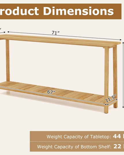 Console étroite Giantex à 2 niveaux avec cadre en teck et étagère de rangement (71" x 12" x 31")