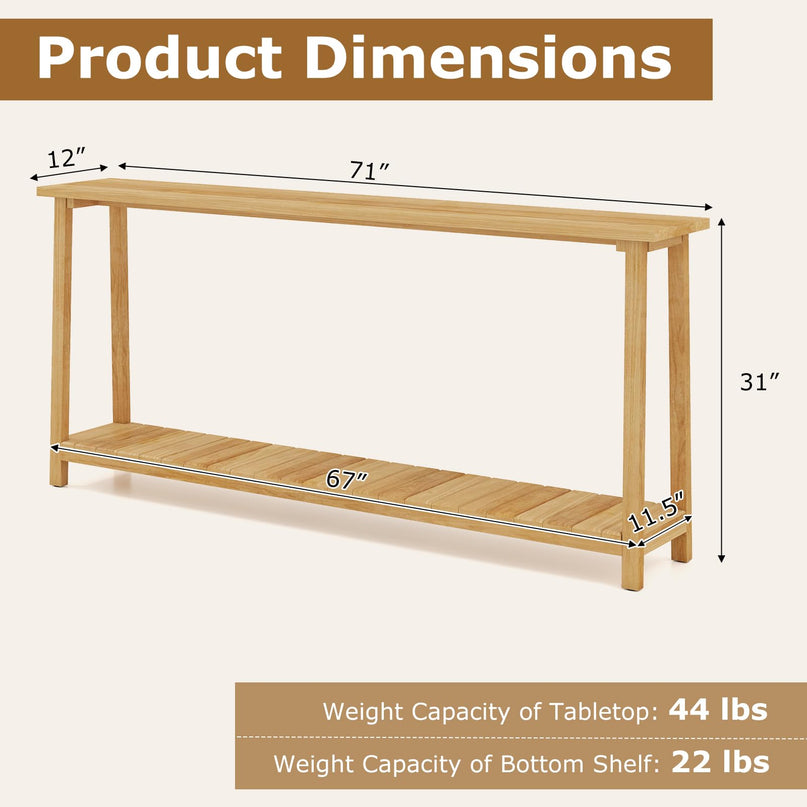 Console étroite Giantex à 2 niveaux avec cadre en teck et étagère de rangement (71" x 12" x 31")