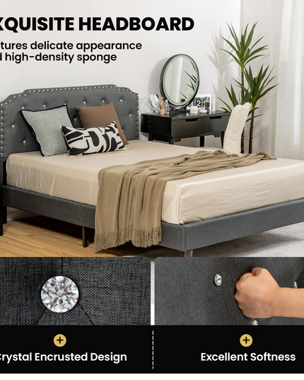 Upholstered Bed Frame w/ Adjustable Headboard, Crystal Tufted Soft Platform Bed Frame w/ Wooden Slats
