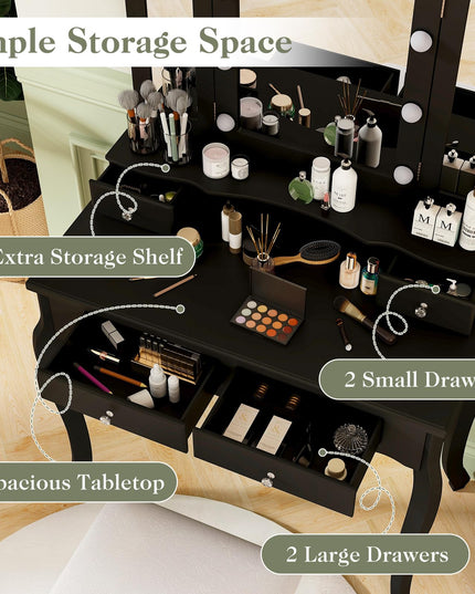 CHARMAID Vanity Desk with Lights - Makeup Vanity Table with Tri-Fold Mirror, 10 Adjustable Hollywood LED Lights, 4 Storage Drawers