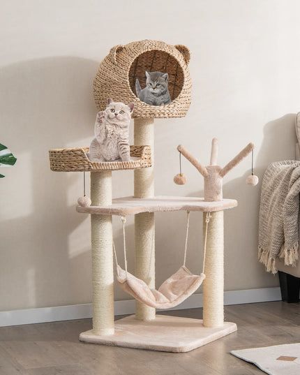 Giantex Wooden Cat Tree, 48 inches Cat Tower with Cattail Condo, Cat Bed, Hammock, Rotatable Jingling Balls
