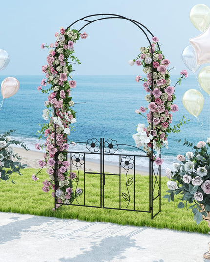 Giantex Garden Arbor with Gate, 7.5FT Metal Arch Trellis for Climbing Plants Rose Ivy, Archway Pergola with Flower Door