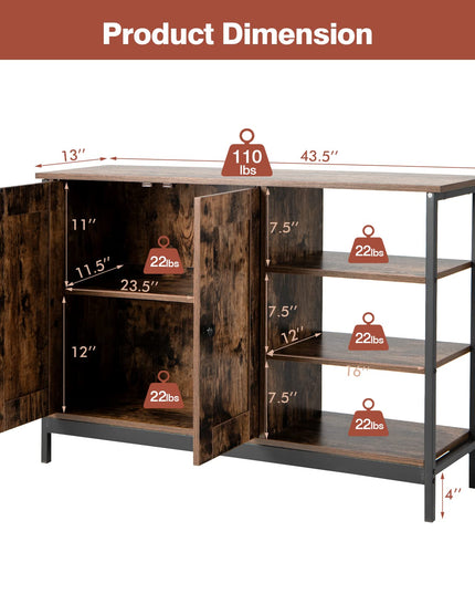 Giantex Industrial Kitchen Storage Cabinet w/Open Shelves, 2-Door Cupboard, Adjustable Shelf, Wooden Buffet Sideboard(Rustic Brown)