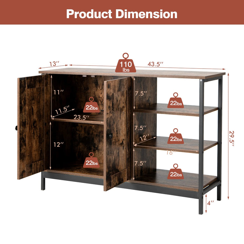 Giantex Industrial Kitchen Storage Cabinet w/Open Shelves, 2-Door Cupboard, Adjustable Shelf, Wooden Buffet Sideboard(Rustic Brown)