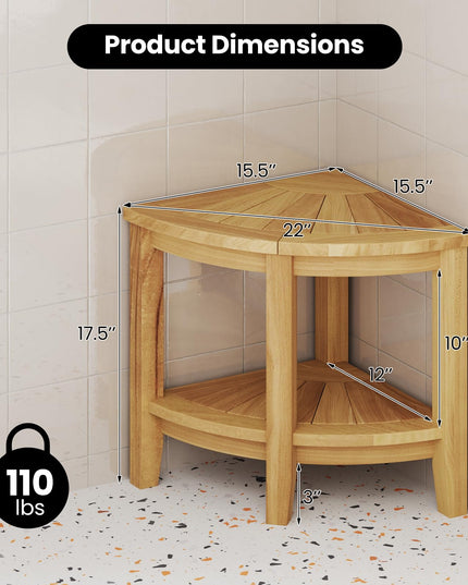 Giantex Corner Shower Stool - Teak Wood Shower Bench Seat with Storage Shelf for Shaving Legs