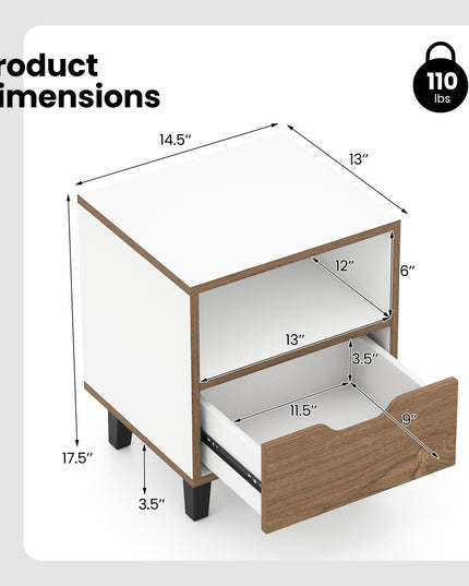 Giantex Mid Century Modern Nightstand Wooden Bedside Table with Drawer & Open Shelf
