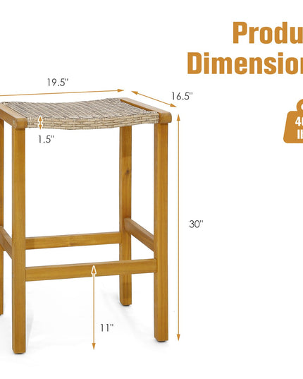 Giantex Patio Wood Bar Stools Set of 2, Acacia Wood Bar Stools w/Rattan Woven Seat