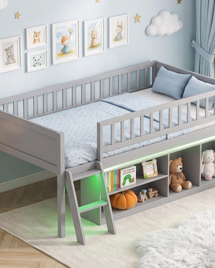 GIANTEX Low Loft Bed Twin Size with LED Lights
